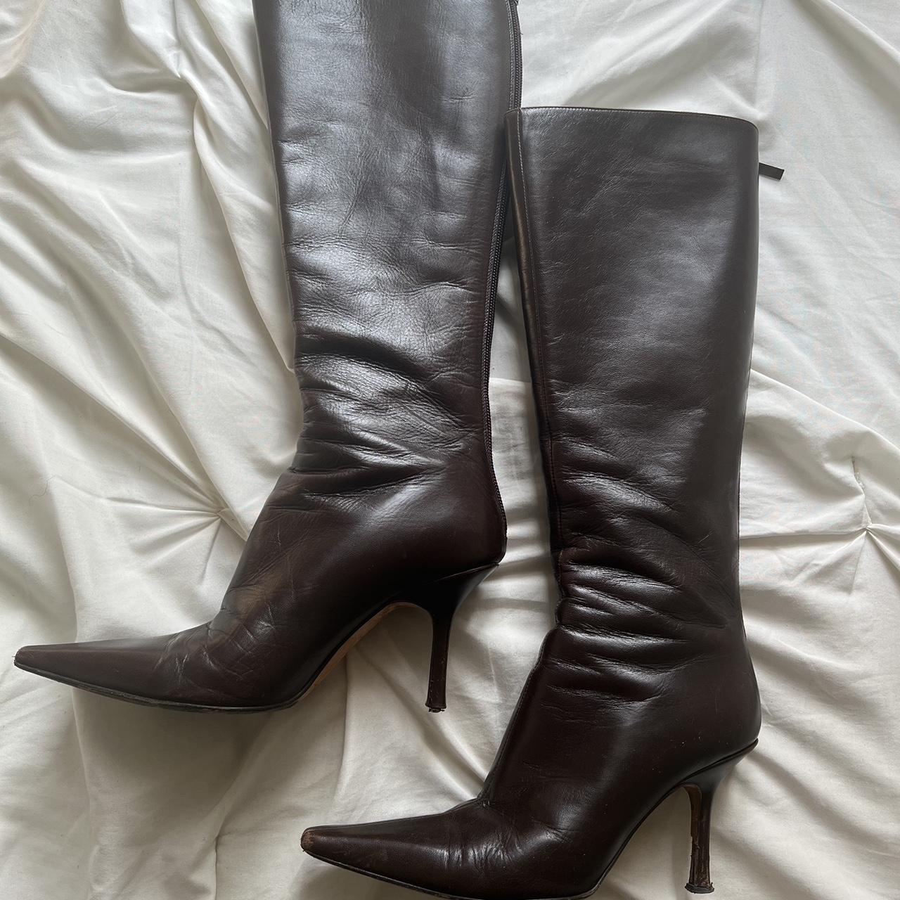 Dark brown jimmy choo boots with pointy toe and a... - Depop