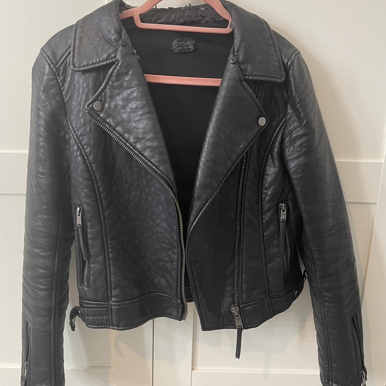 black leather jacket with detachable fur... Depop