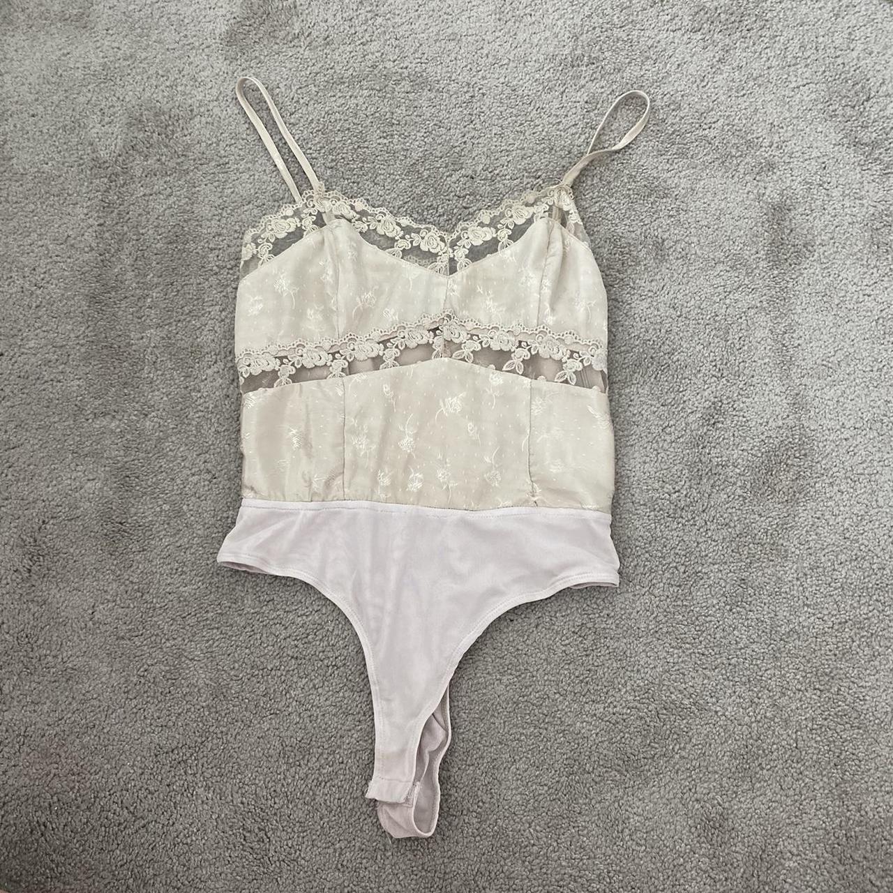 lace sheer panel thong body suit #coquette... - Depop