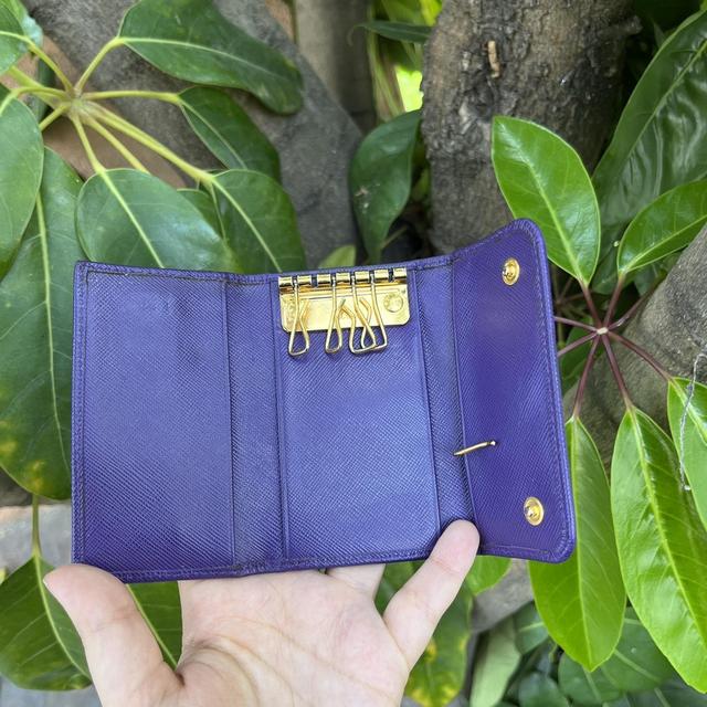 PRADA 6 Key Holder Leather Wallet Blue