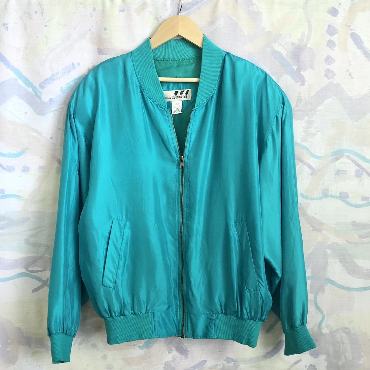 Vintage Teal Silk Bomber Jacket. Zip Up Jacket In A - Depop