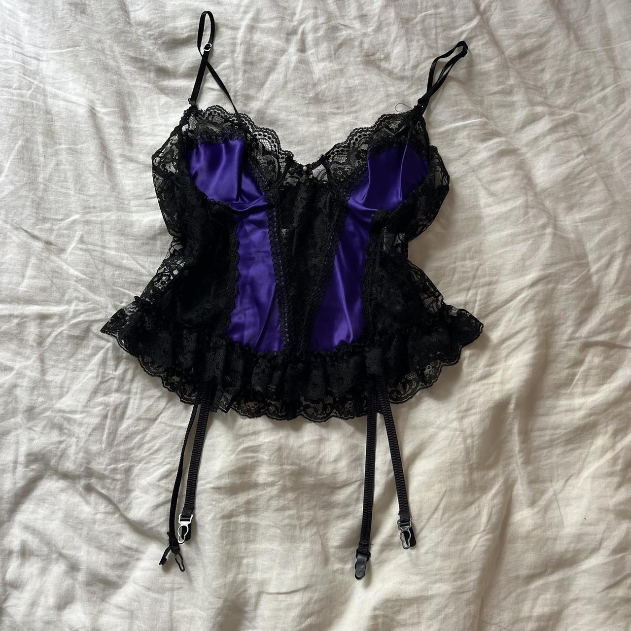 1980s purple and black bustier top - adorable lacy... - Depop