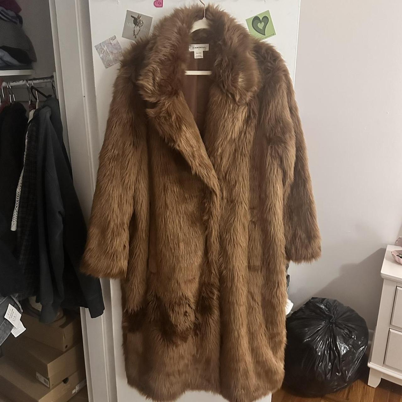 Brown faux fur coat. Long length with button... Depop