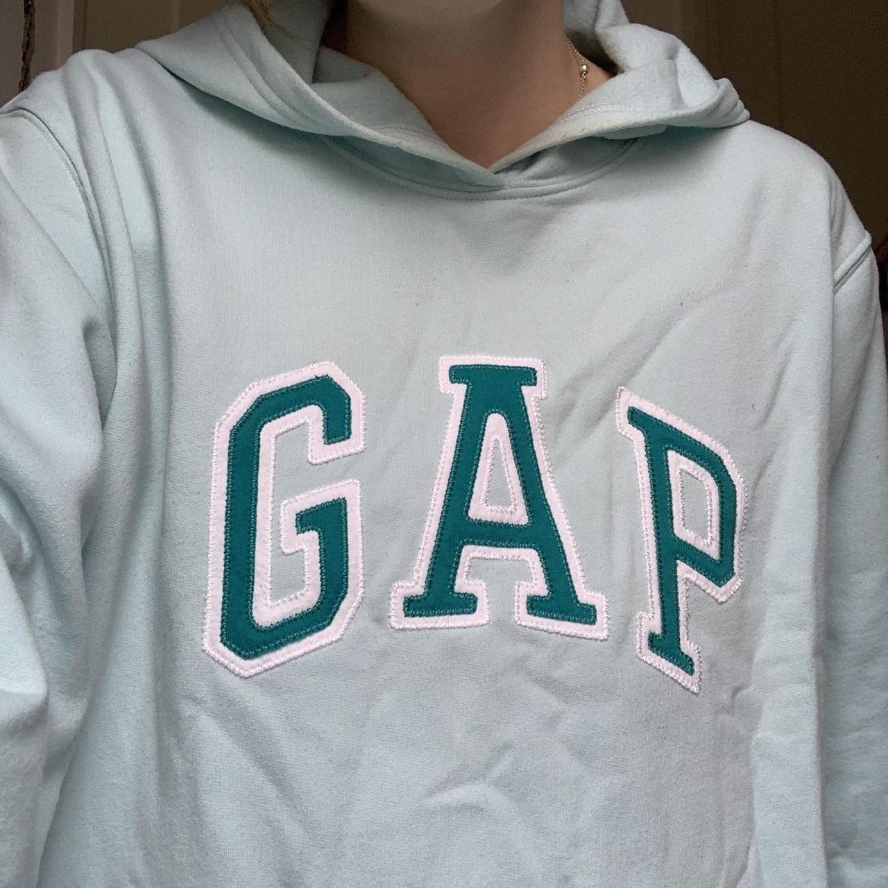 Baby blue gap hoodie 🦋 Embroidered white and teal... Depop