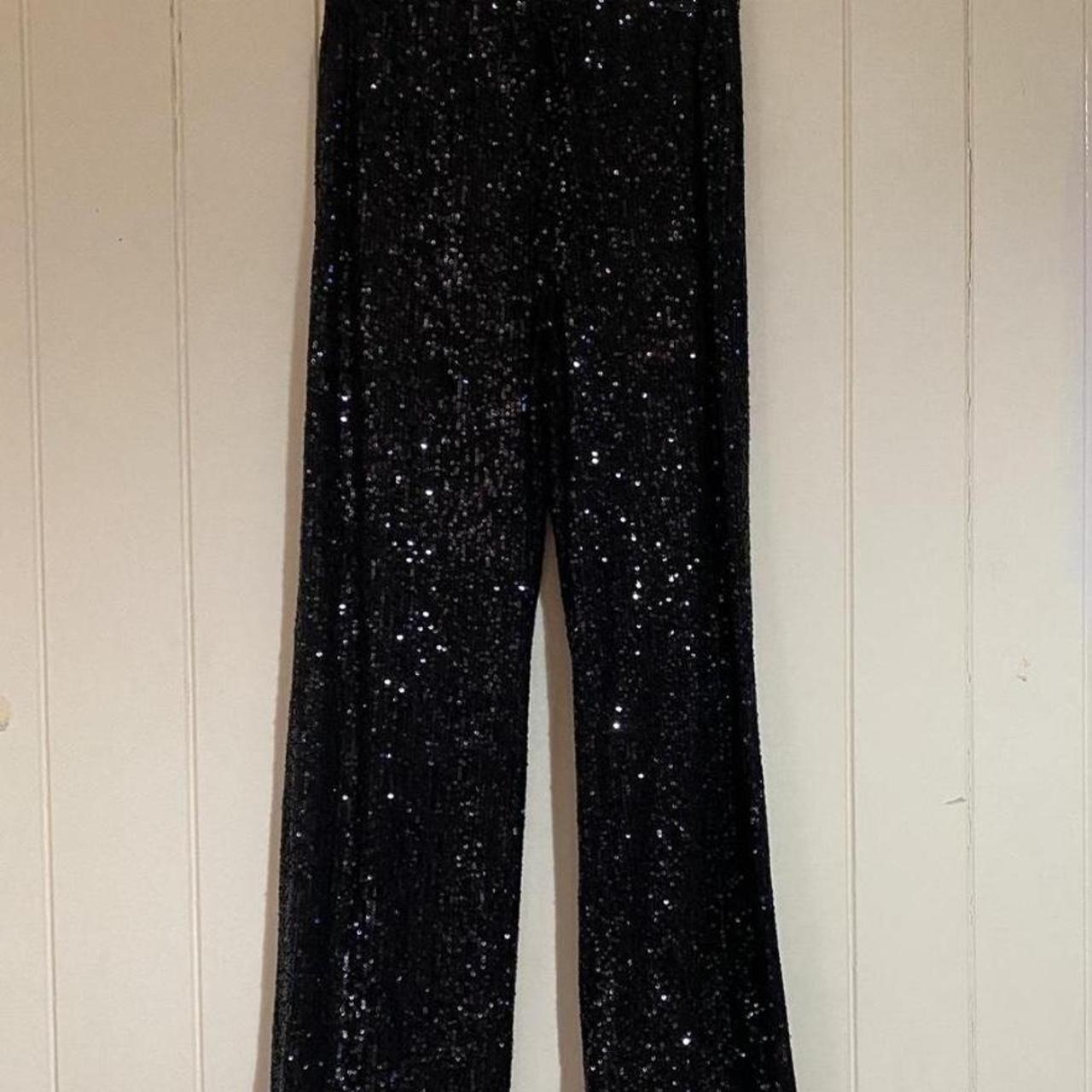 Black Sequin Pants Worn Once H&M Size 6 Could fit... - Depop