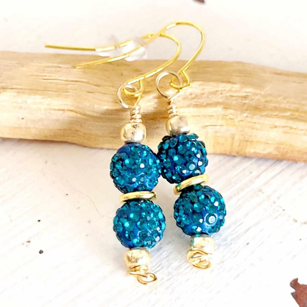 Blue acrylic rhinestone beaded dangle earrings. Gold Depop