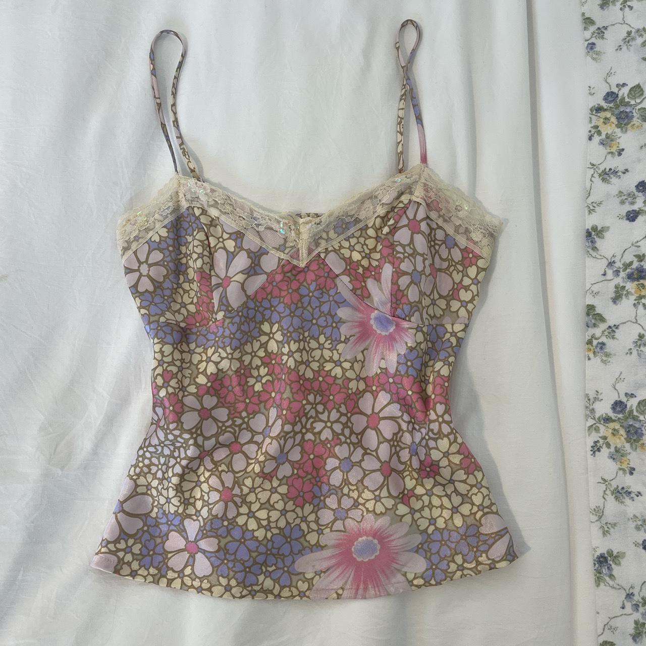 Vintage silk-style lace trim floral cami top... - Depop