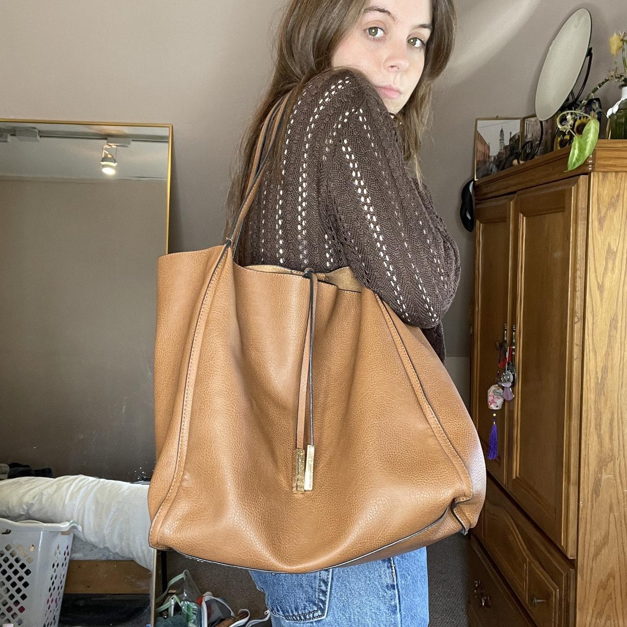 large tan tote bag. snap closure. faux suede... - Depop