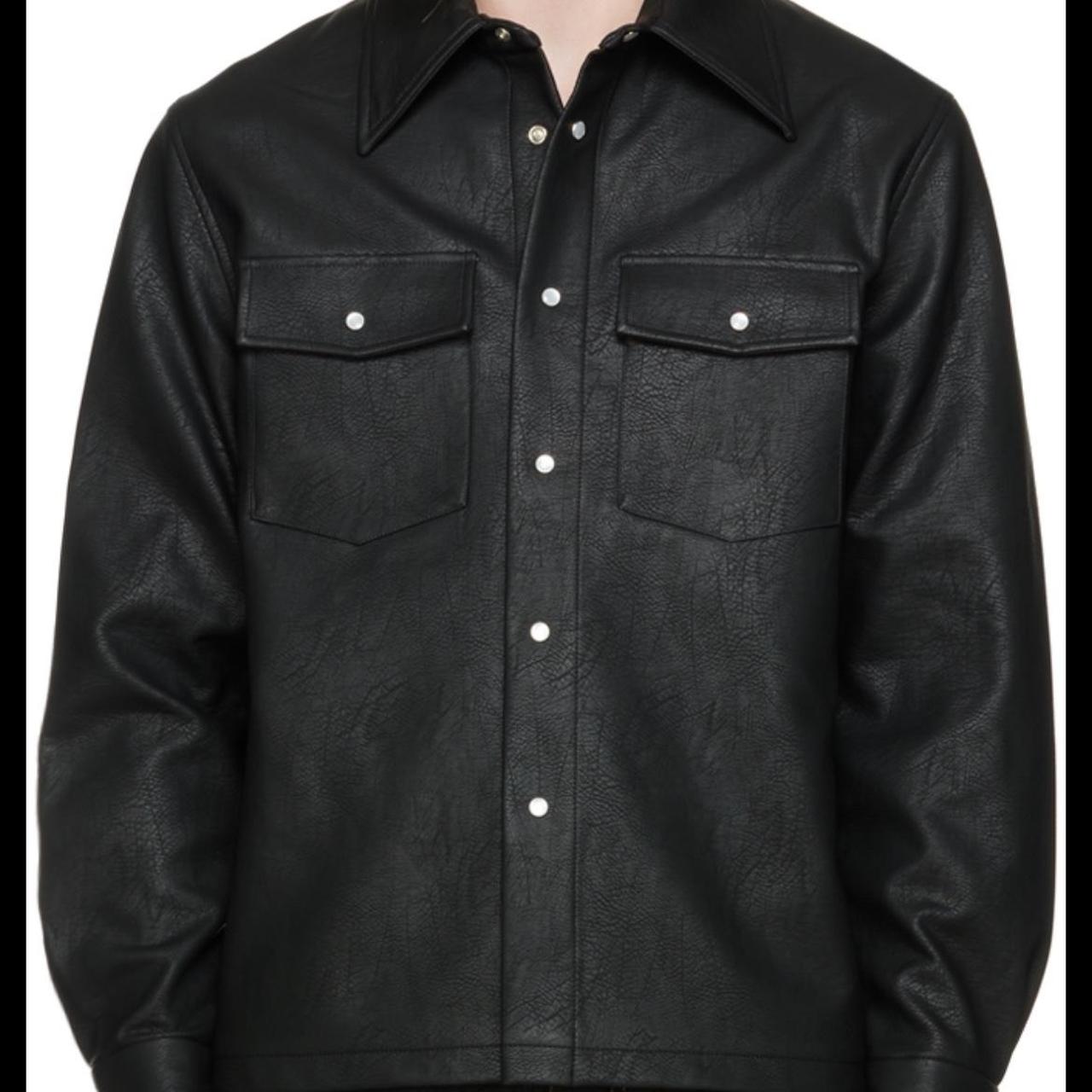 Sefr Matsy jacket. Black faux leather in a trucker...