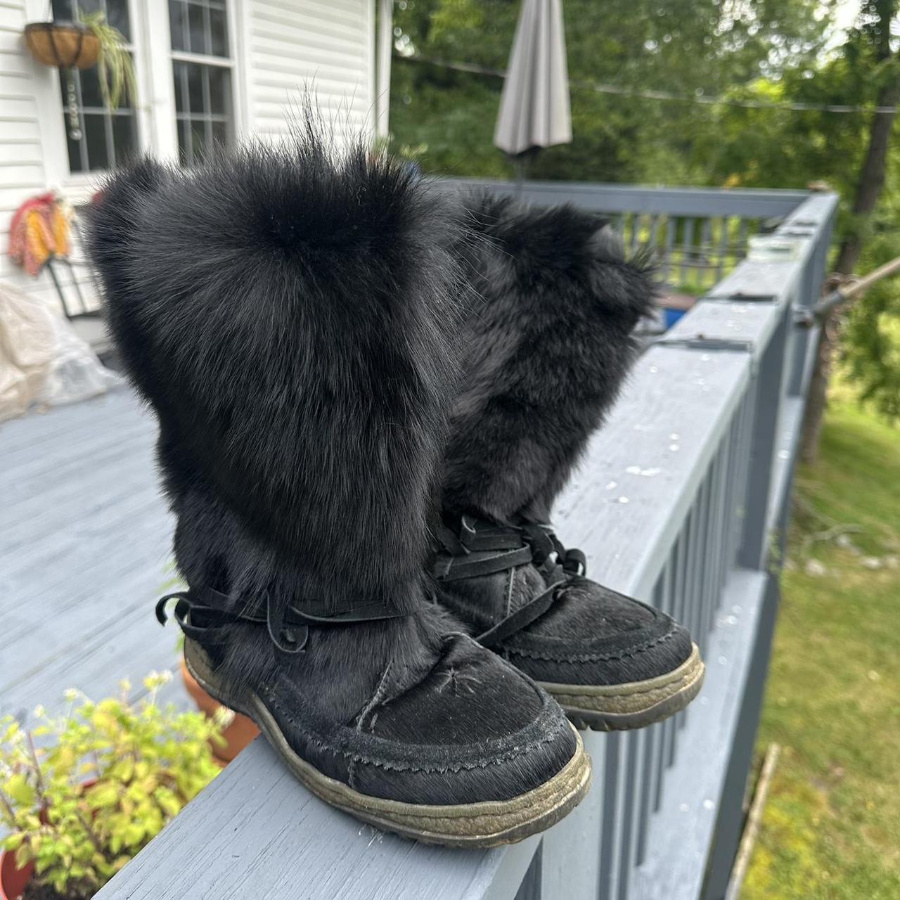 Black Fur Furry Leather Boots Size 37EU/7US Real fur... - Depop