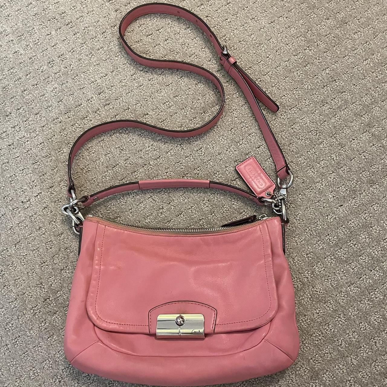 Brown and pink leather crossbody Coach logo bag - Depop