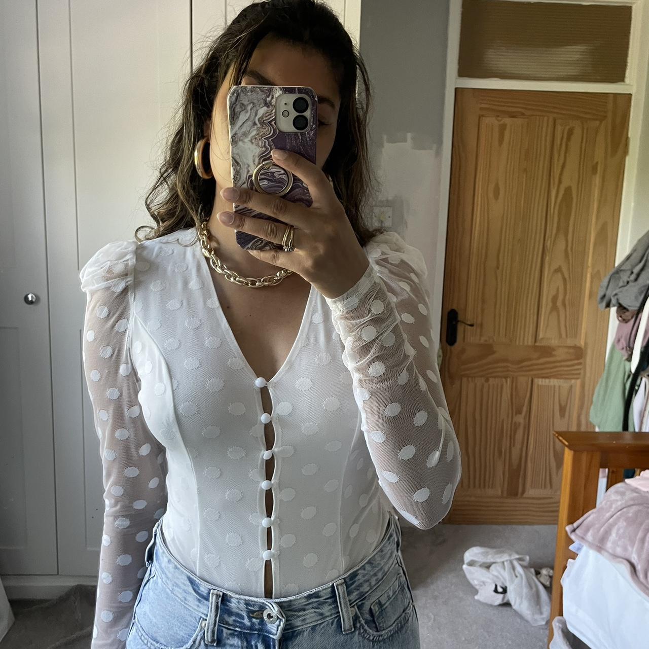 Missguided white bodysuit Size 8 White Long polka... - Depop