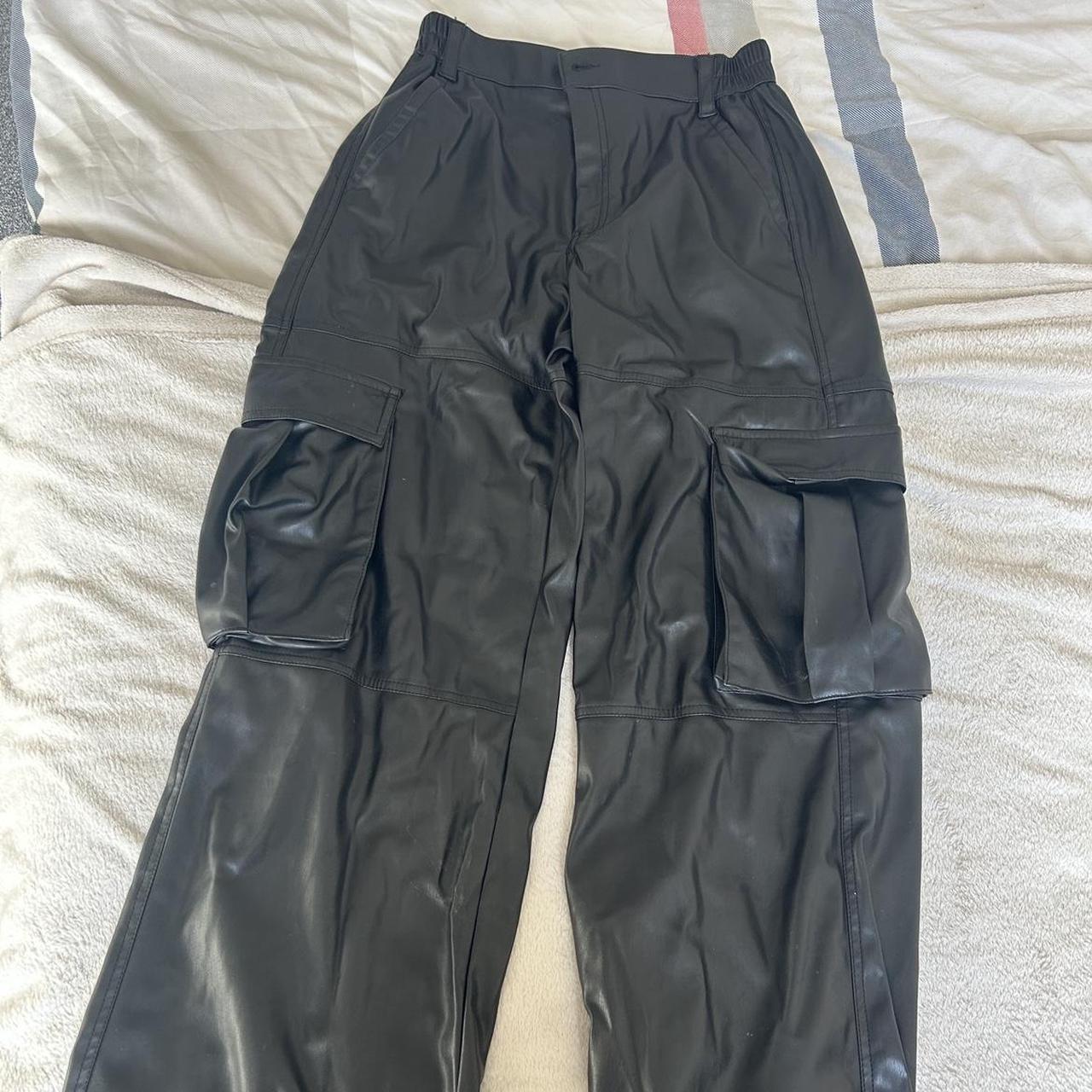 Bershka wide leg leather cargo trousers / size L... - Depop