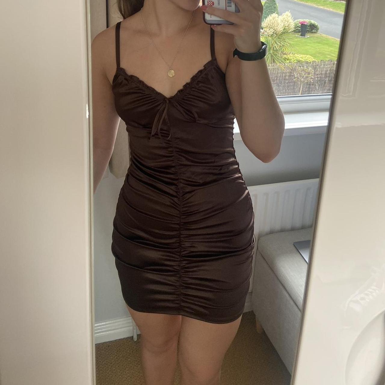 H&M brown satin ruched mini dress Only worn for... - Depop