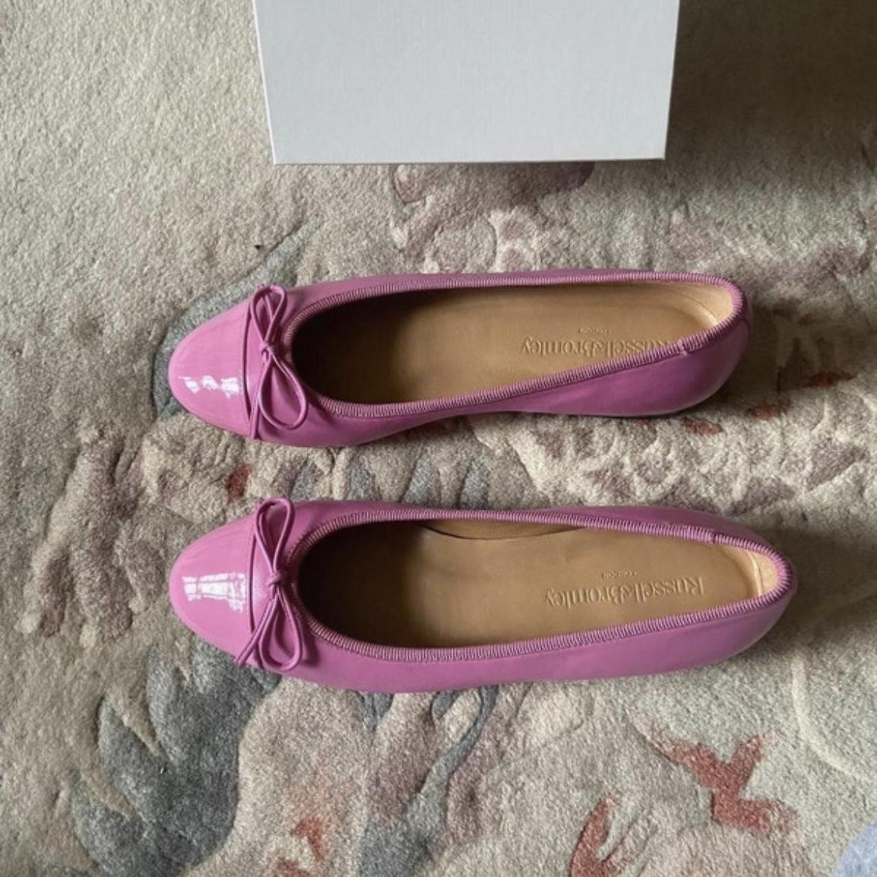 Russell and Bromley pink Italian Napa patent ballet... - Depop