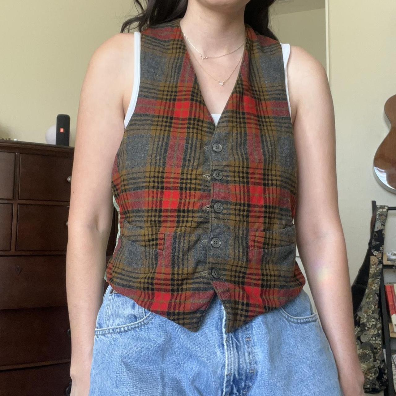 Urban Outfitters Men's Green and Red Waistcoatsvests Depop