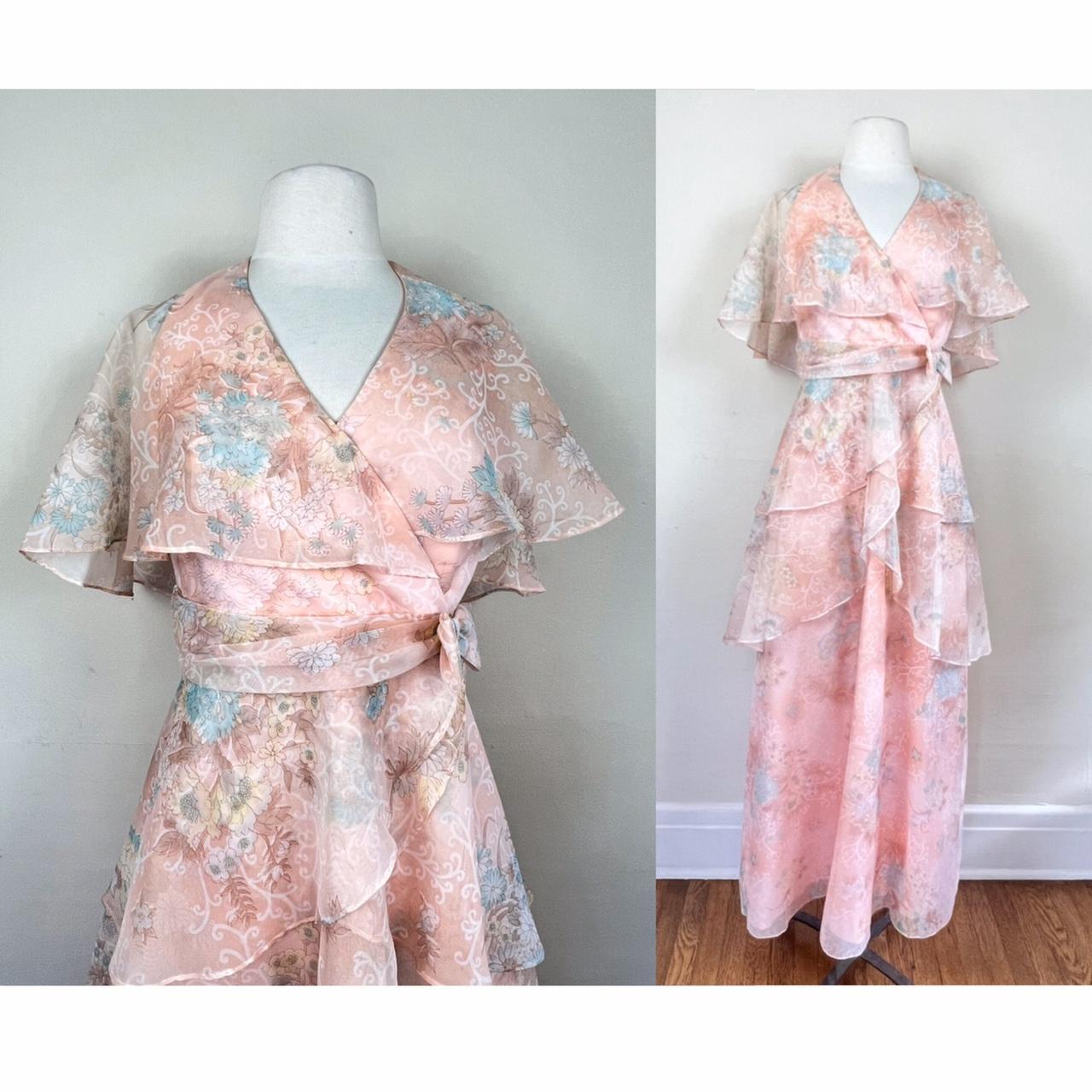 vintage 70s peach floral prom dress sheer