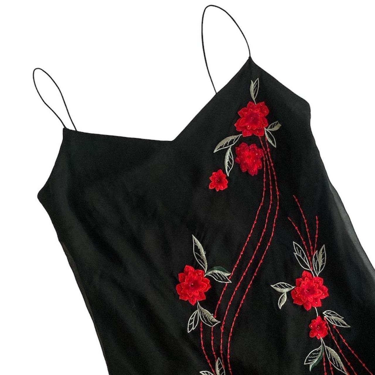 Black dress with red embroidered flowers best sale