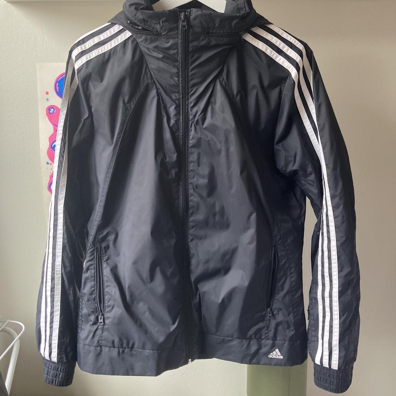 adidas zip up jacket black with white stripes hood... Depop