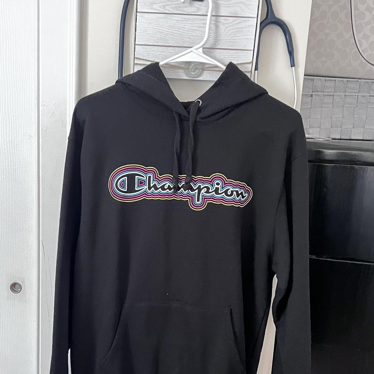 Black champion hoodie with red online logo