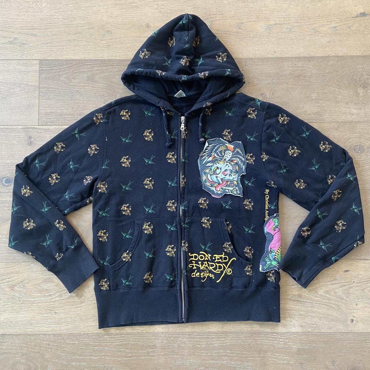 vintage y2k Ed Hardy all over print black jacket... - Depop