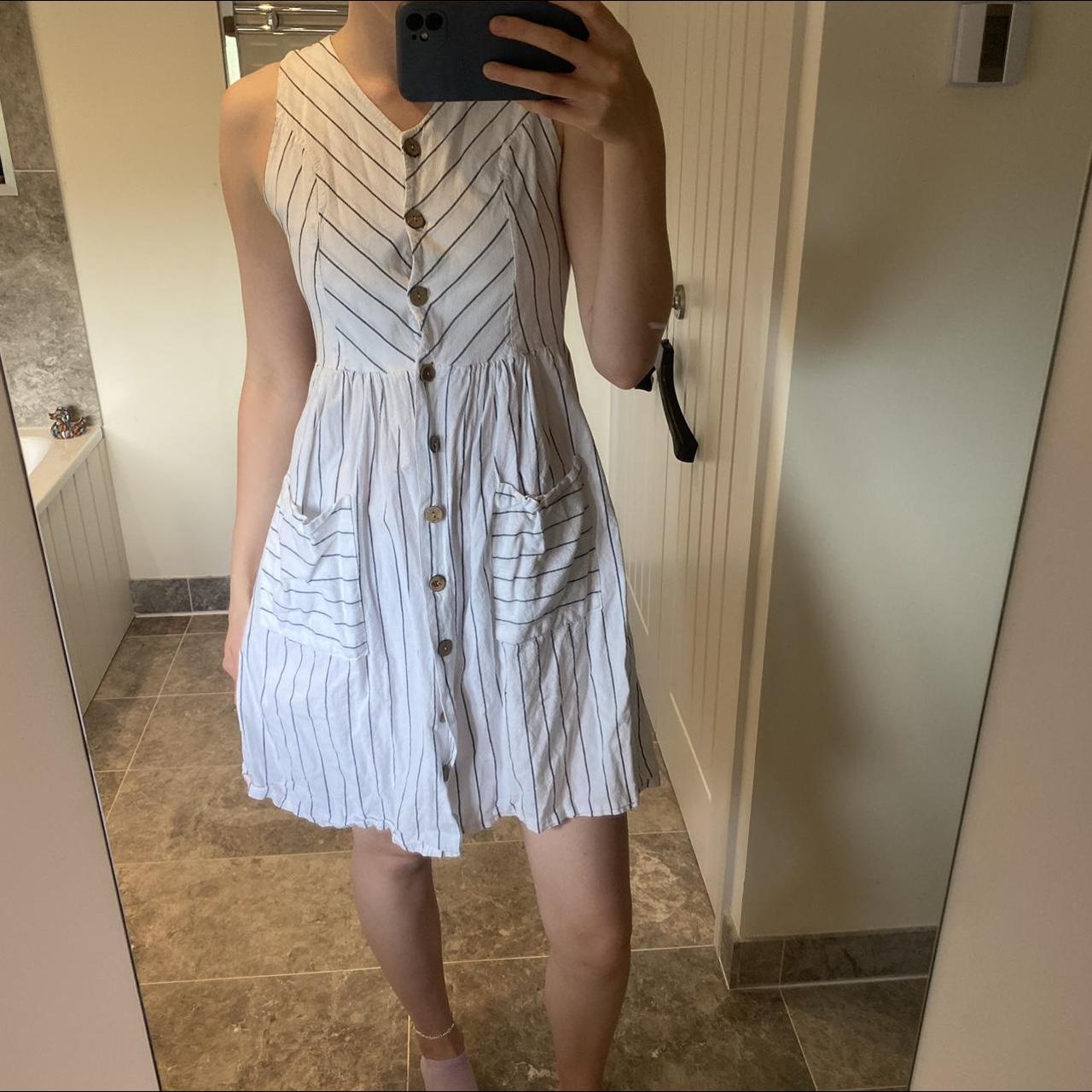 White & blue striped button up mini dress with... - Depop