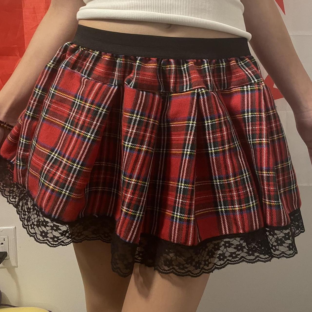 super cute red plaid skirt with black lace trim.... - Depop