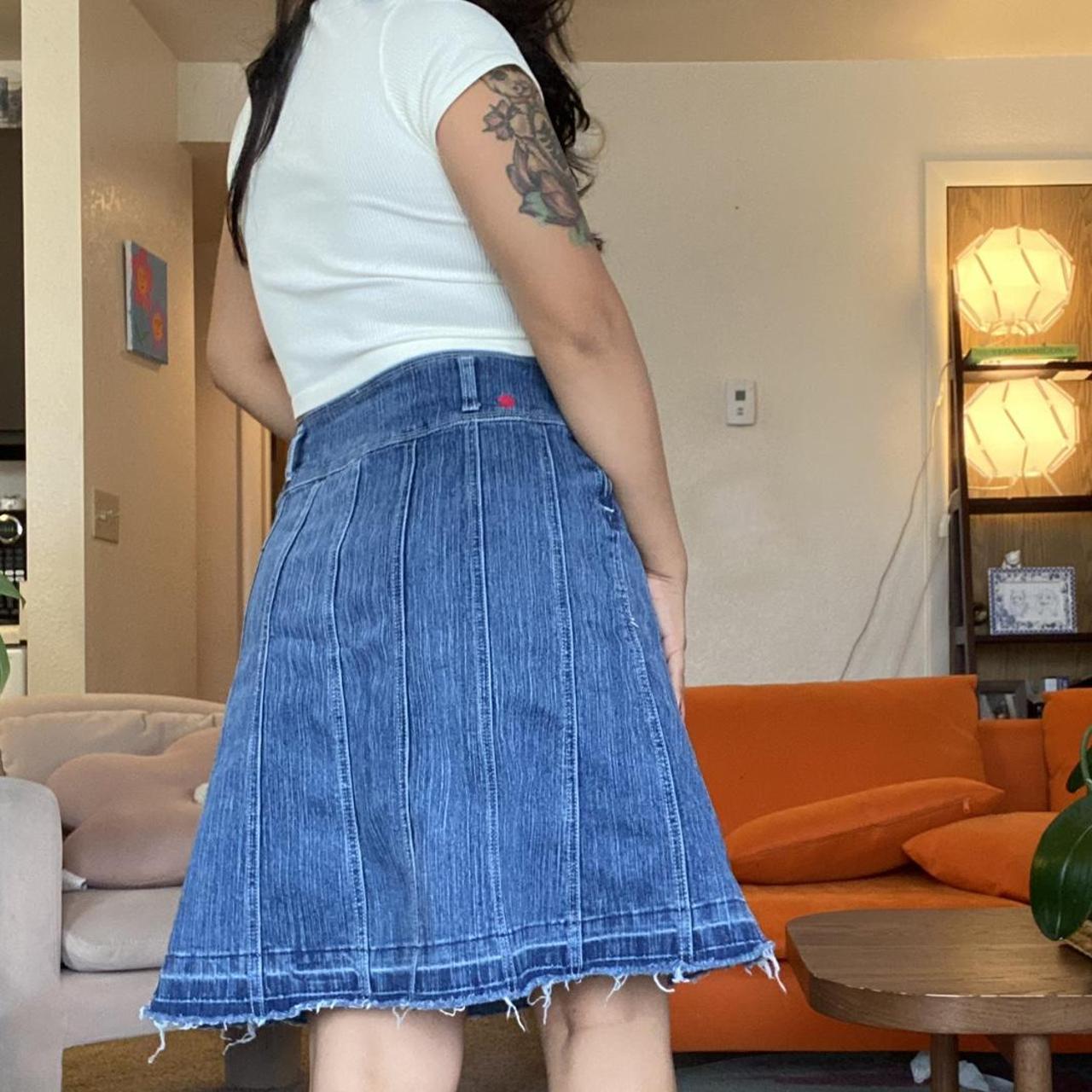 Midi denim pleated flared skirt Jean Depop
