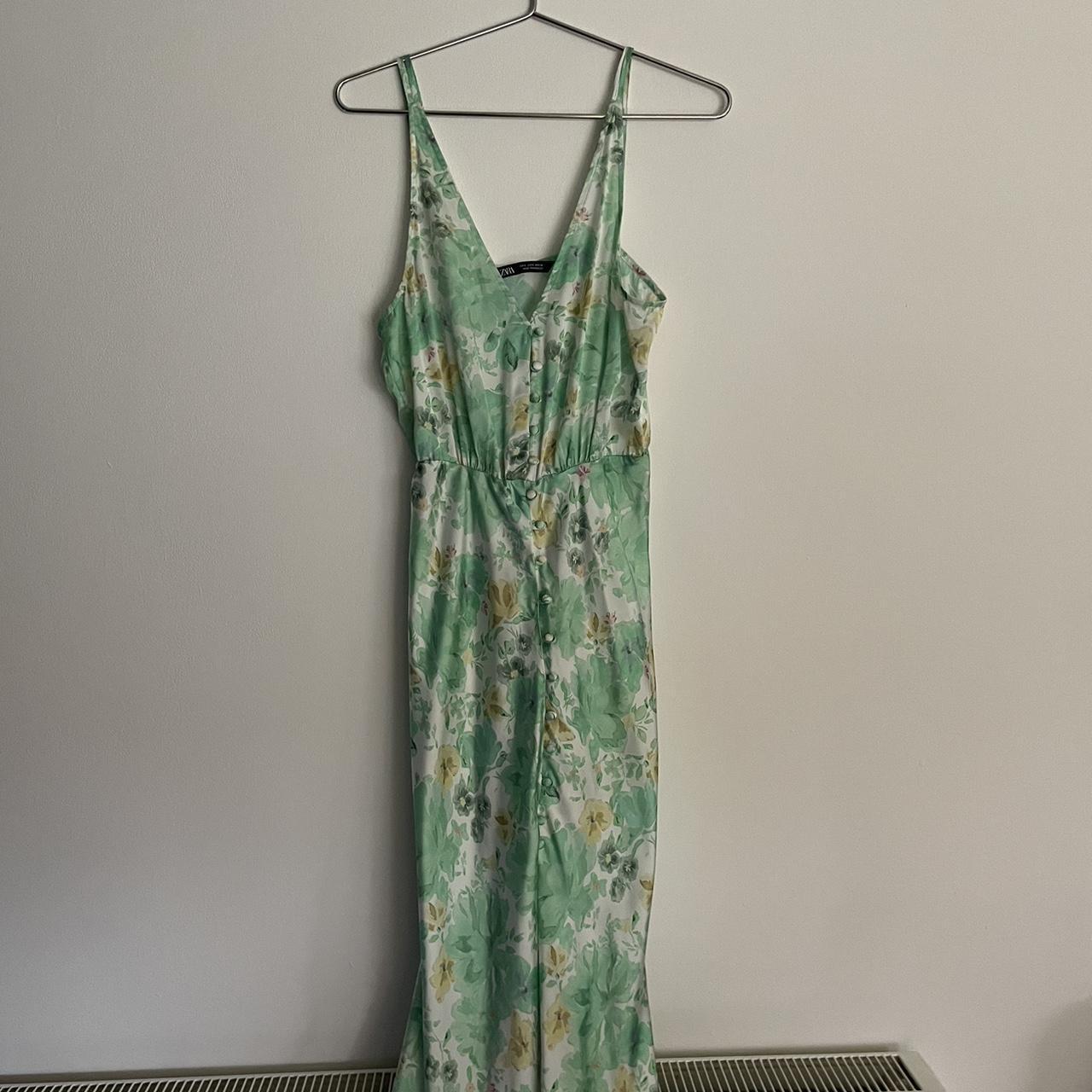 Zara Green Floral Satin Slip Dress - Size... - Depop