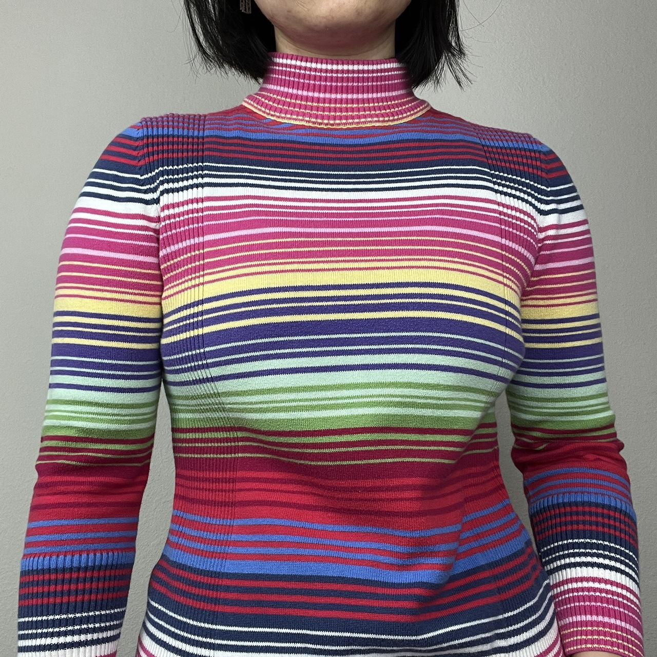 Blue jumper clearance with rainbow stripes