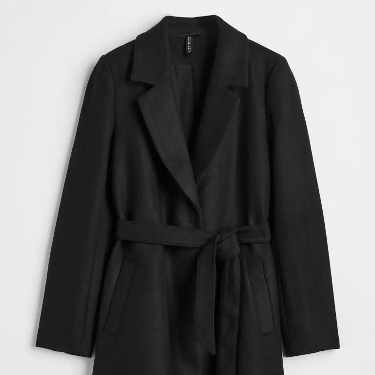 H&M Black coat with belt tie. No holes, rips,... Depop