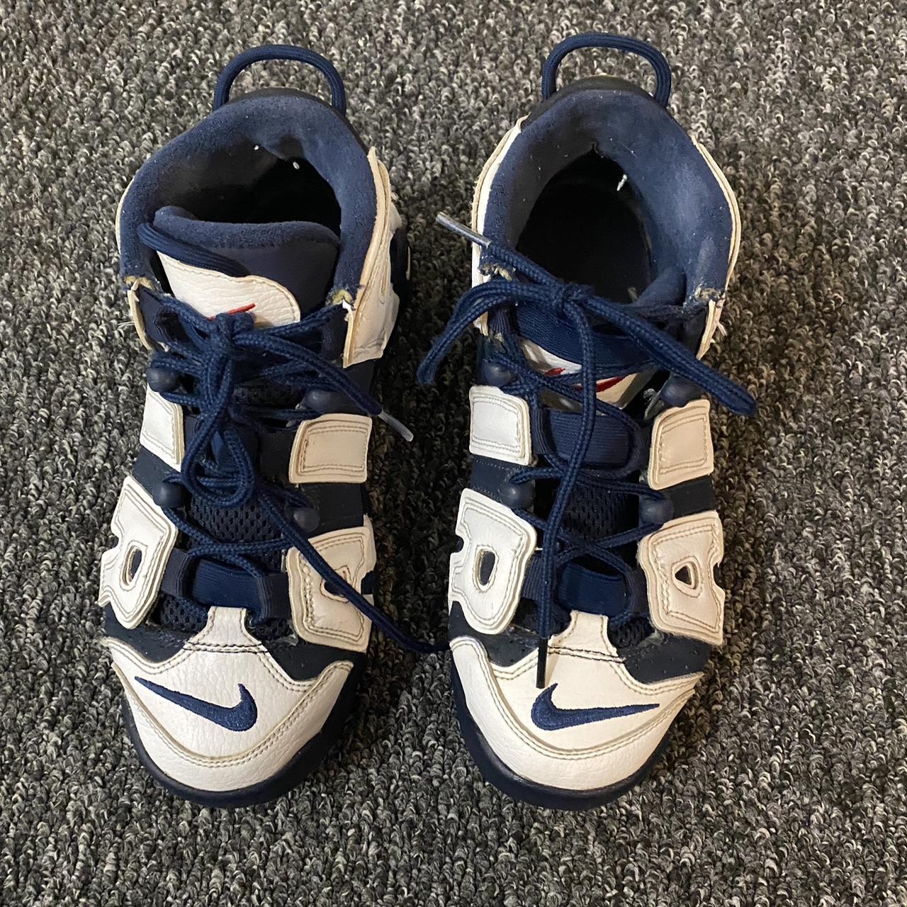 Navy blue and white Nike uptempos size 4.5 Good... - Depop