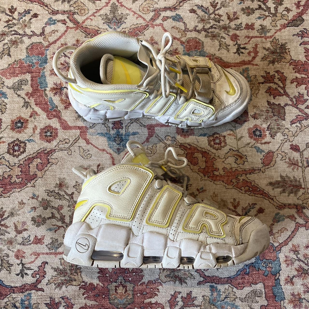 Yellow and white Nike uptempos size 5 Good... - Depop