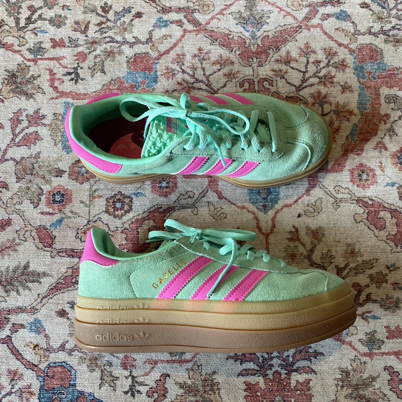 Mint green and pink platform adidas gazelle trainers... - Depop