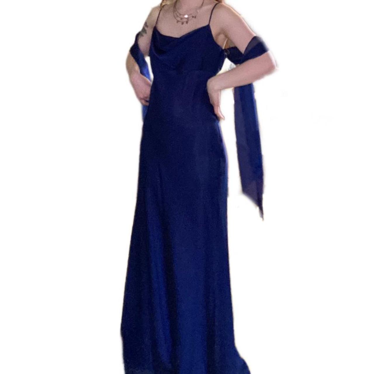 Vintage 90s navy blue evening gown with a cowl neck... - Depop