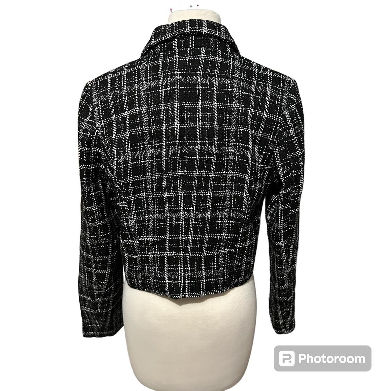 Zara Black And White Tweed Plaid Cropped Blazer With Depop