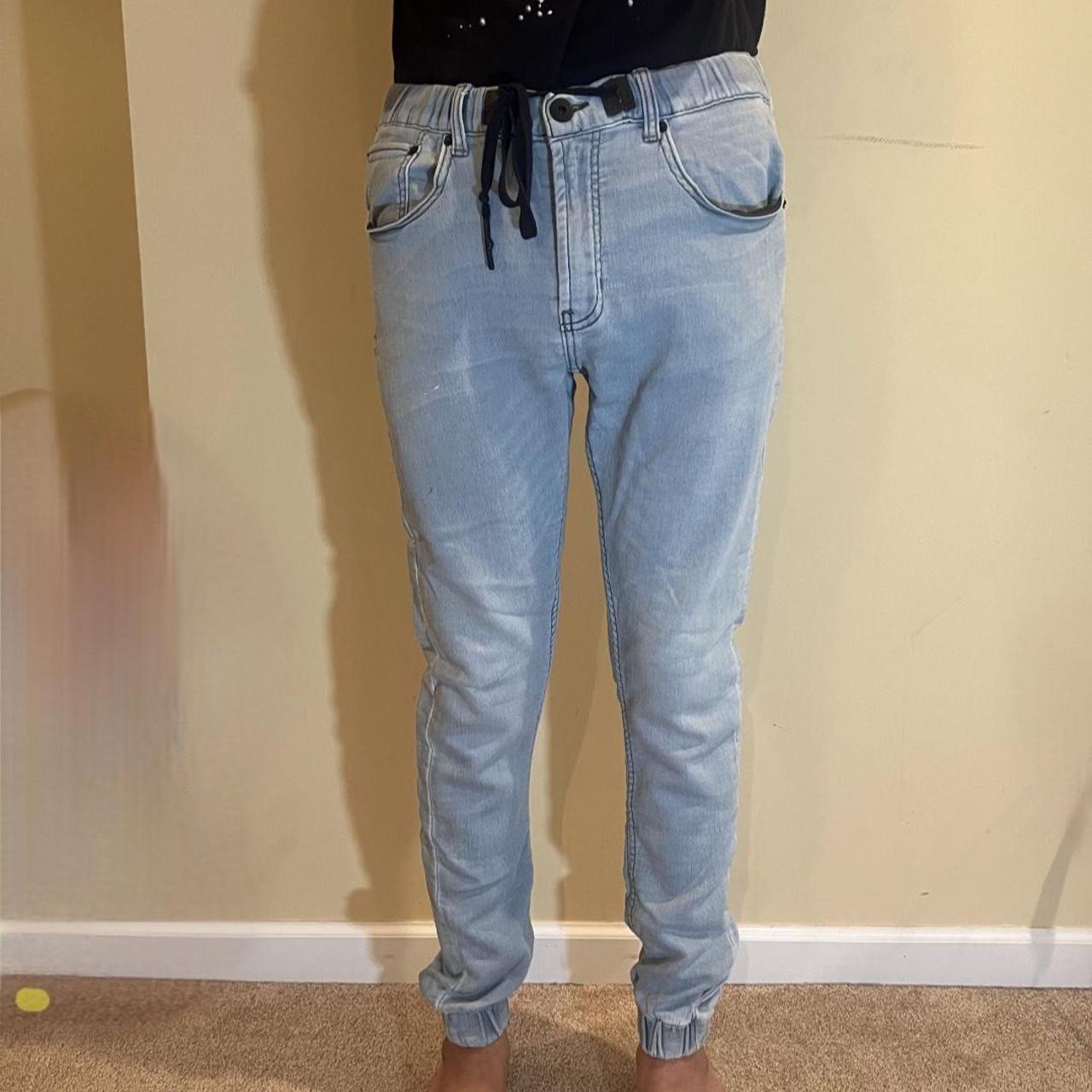 Jogger like material faux skinny blue jeans w Depop