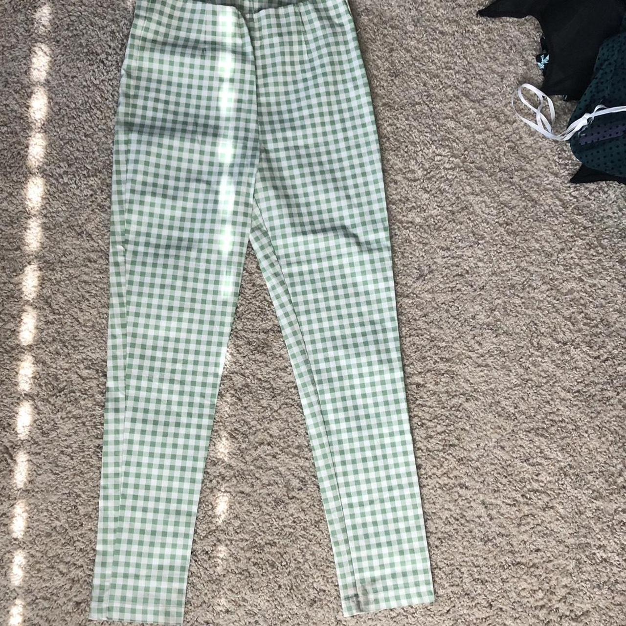 Green and store white checkered pants