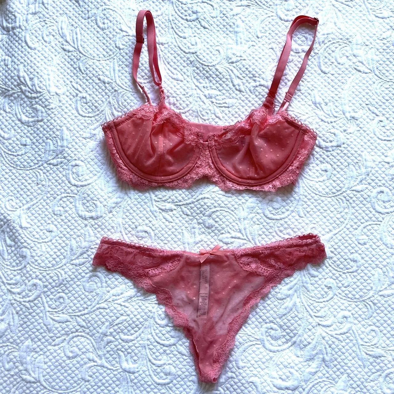Salmon pink VS thong lacy set bottoms are S bra is - Depop