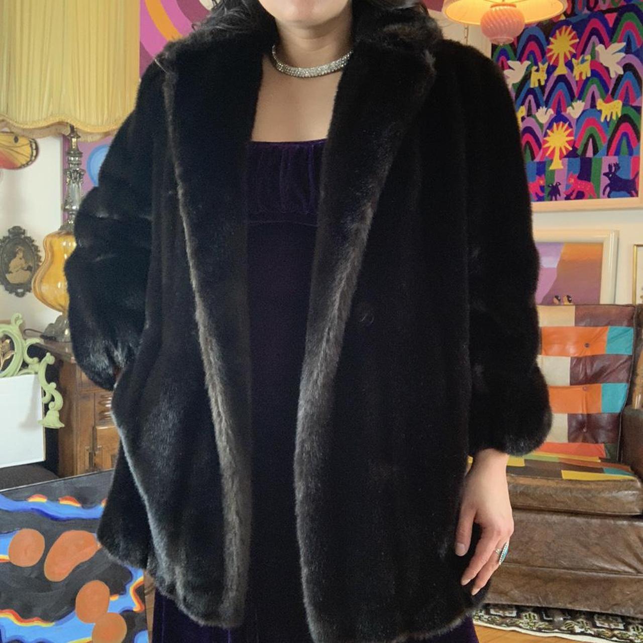 Vintage 80s/ 90s Dark Faux Fur Coat, sleeve opening...