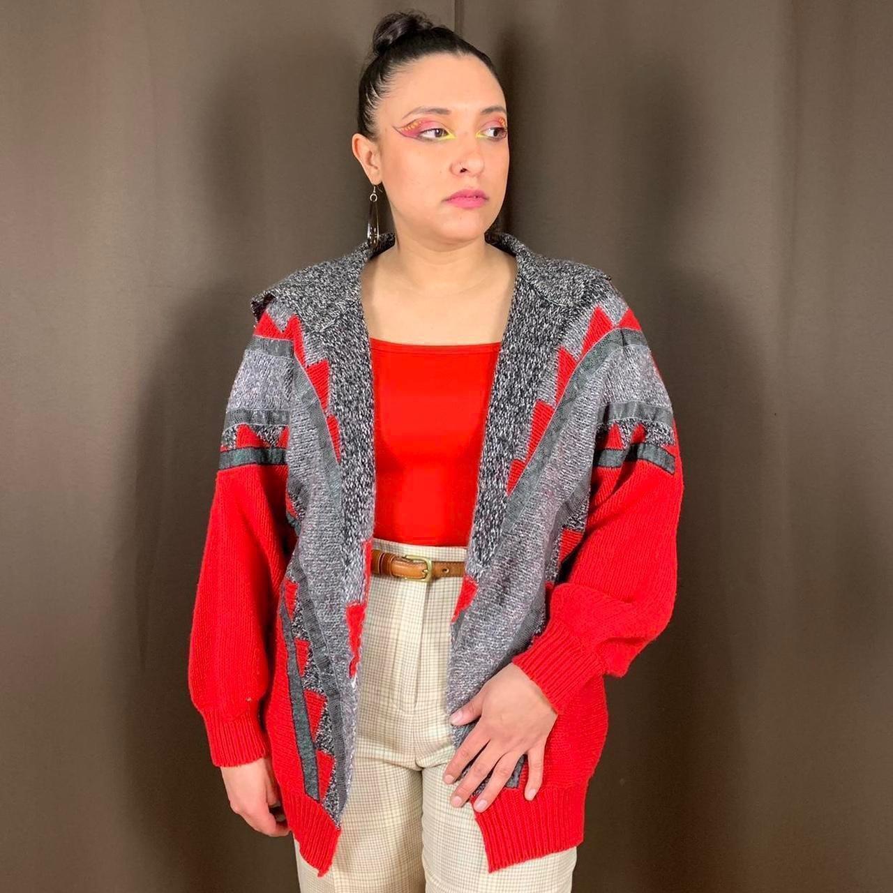 Vintage 80s Red Knit Open Cardigan Sweater with grey... - Depop