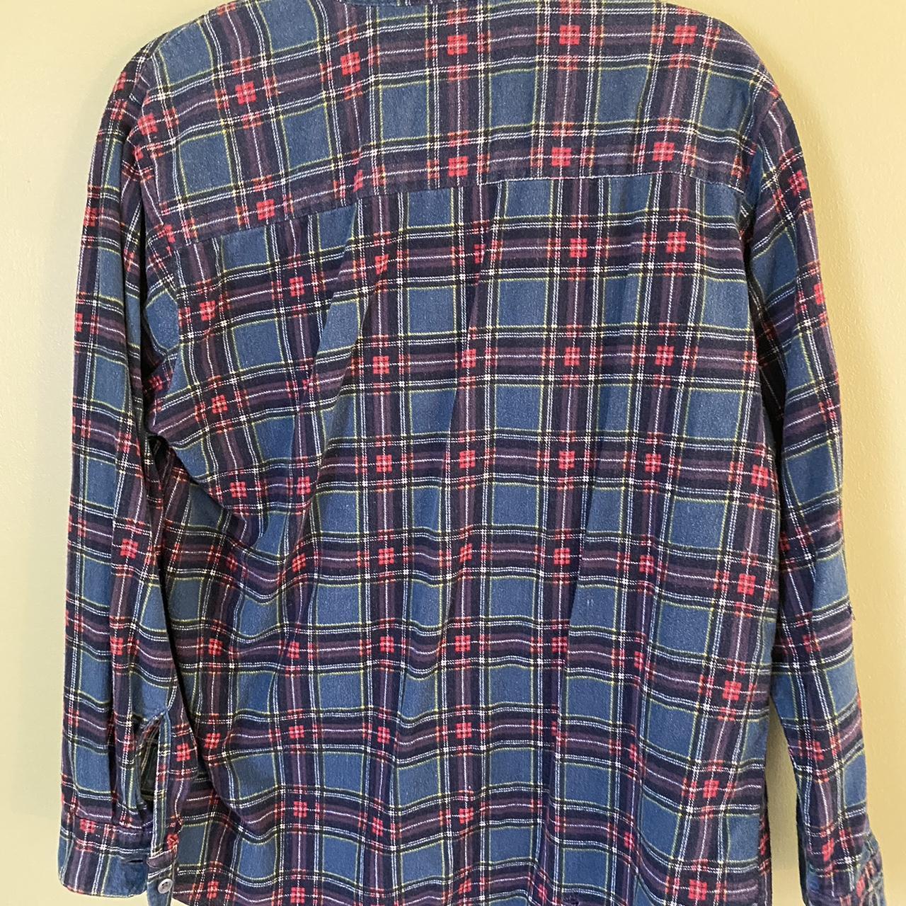 navy and red vintage plaid flannel button down size... - Depop