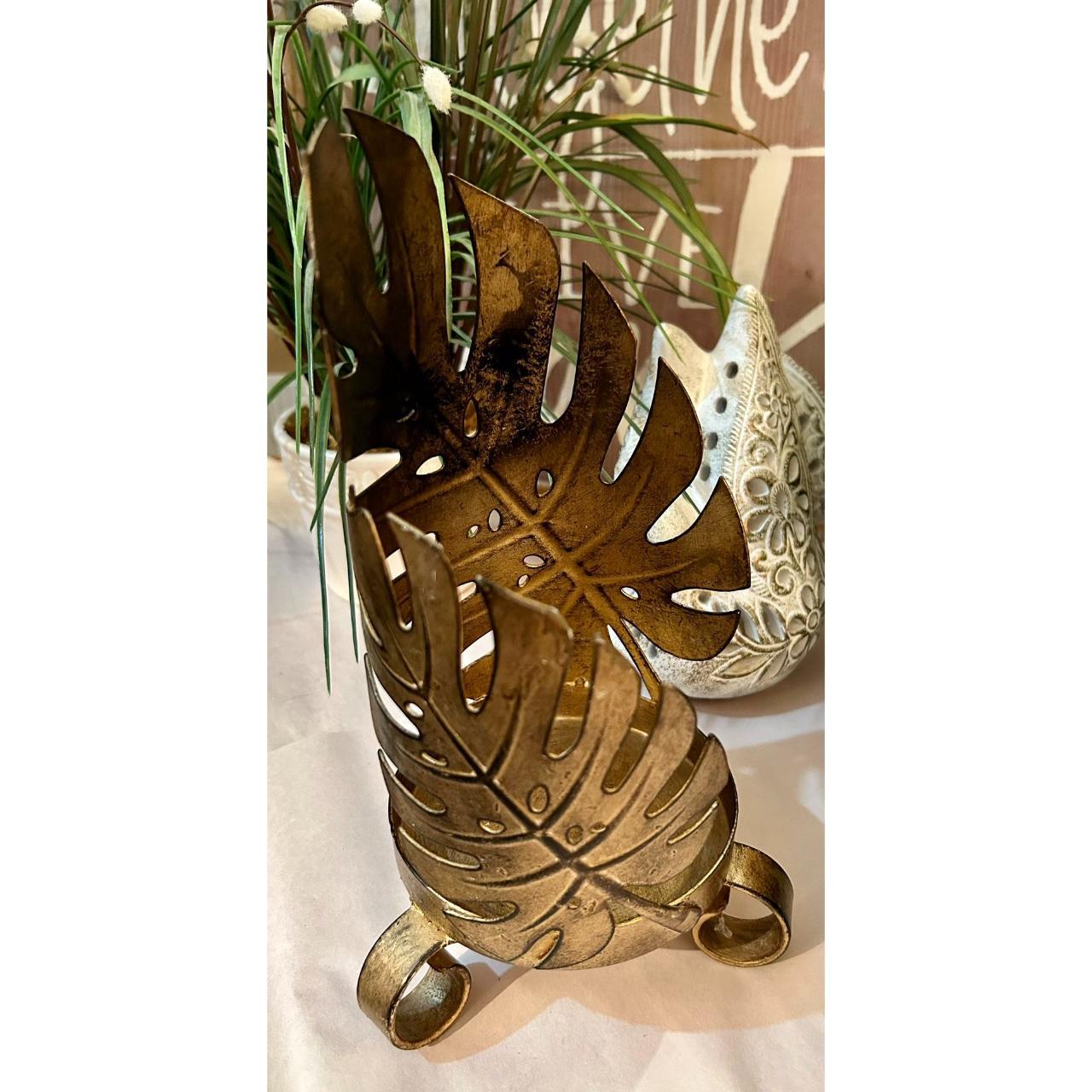 Large Iron Distressed Leaf Candle Holder Gold - Depop