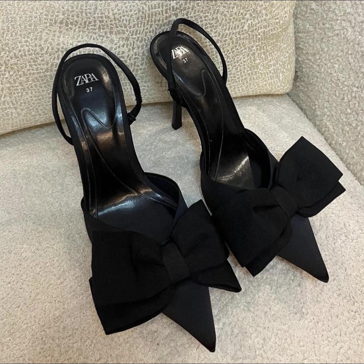 Zara bow black heels Satin bow heels UK size 4 Brand... - Depop