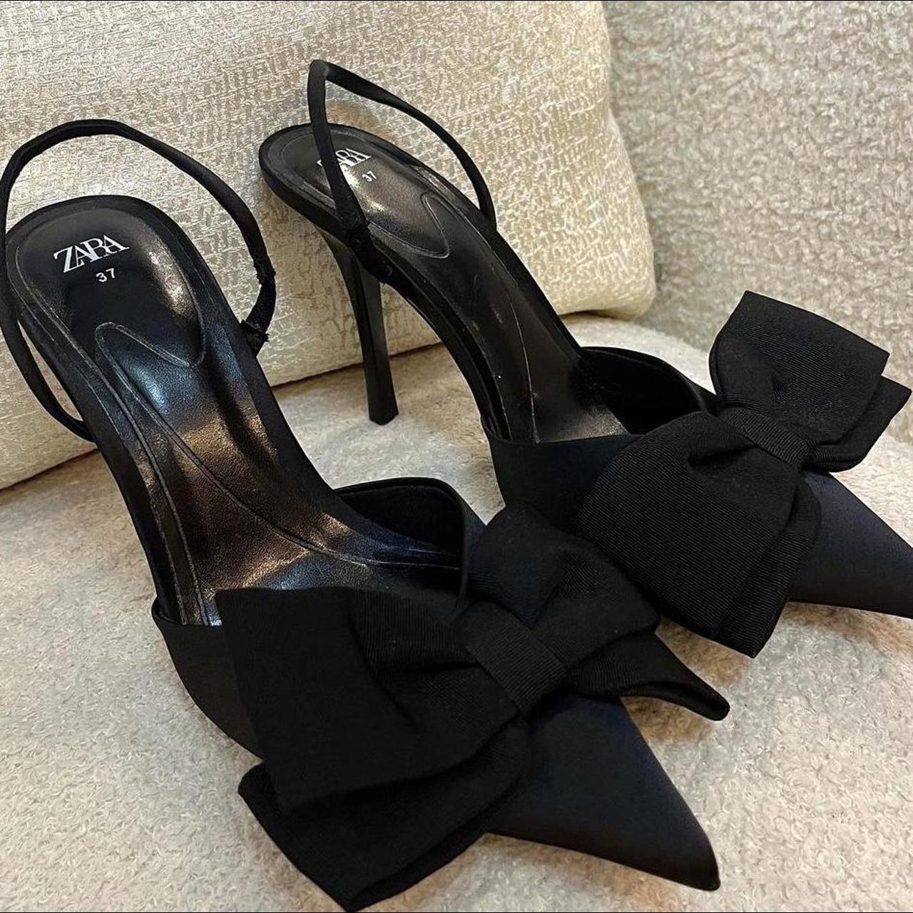 Zara bow black heels Satin bow heels UK size 4 Brand... - Depop