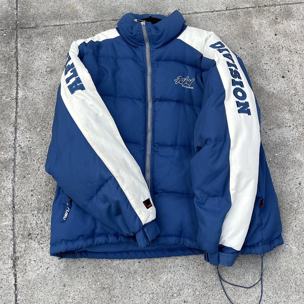 FUBU Men's Blue and White Coat | Depop