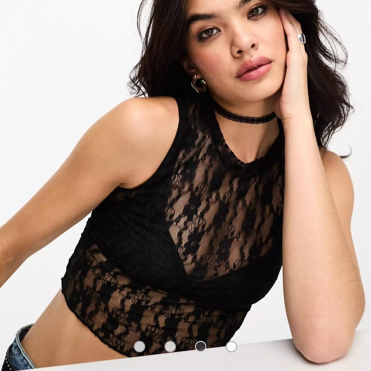 Black mesh top Sheer BERSKA floral mesh