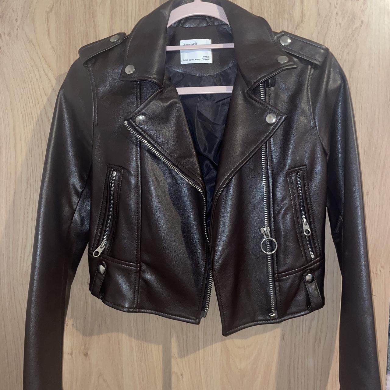 Dark brown faux leather jacket from bershka, only... - Depop