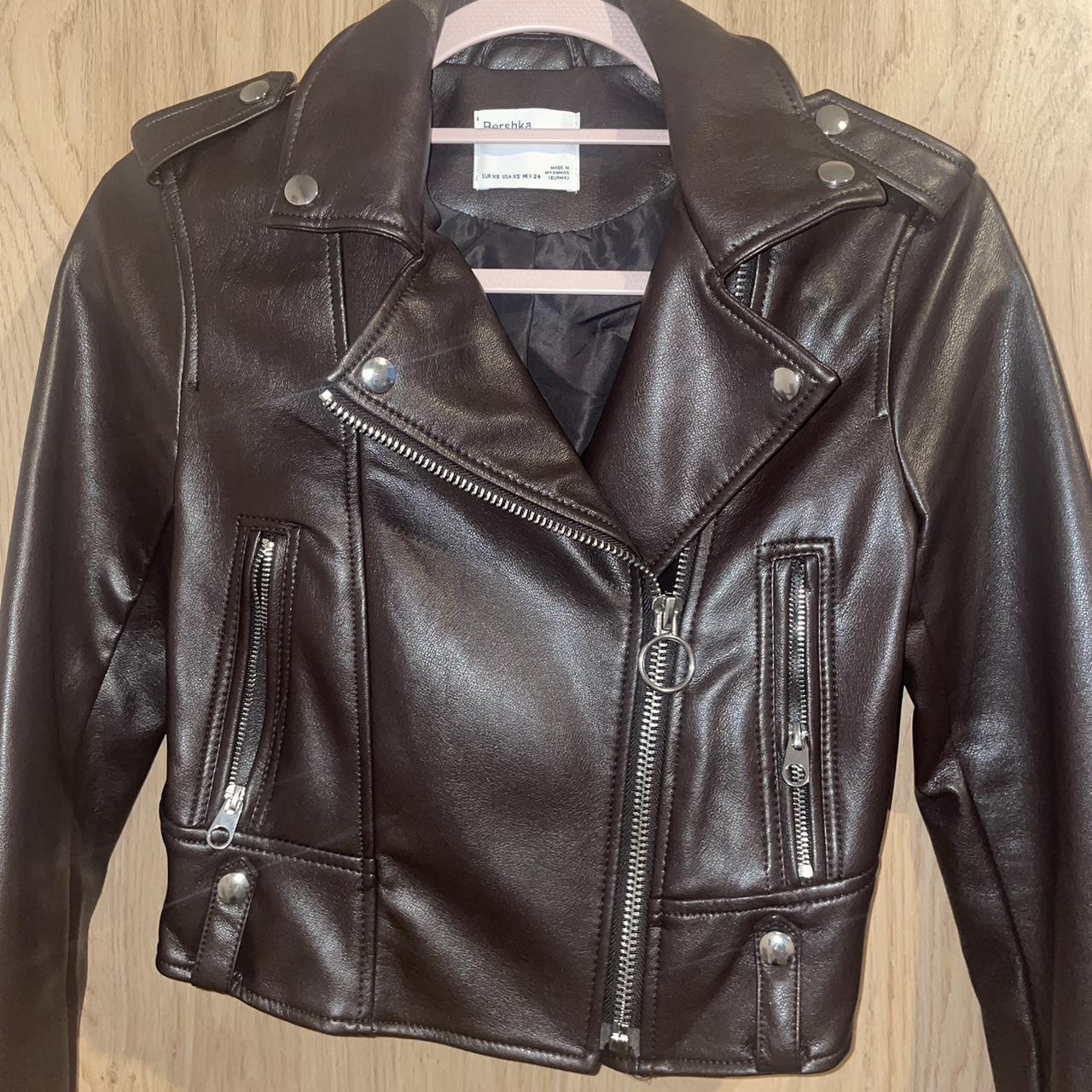 Dark brown faux leather jacket from bershka, only... - Depop