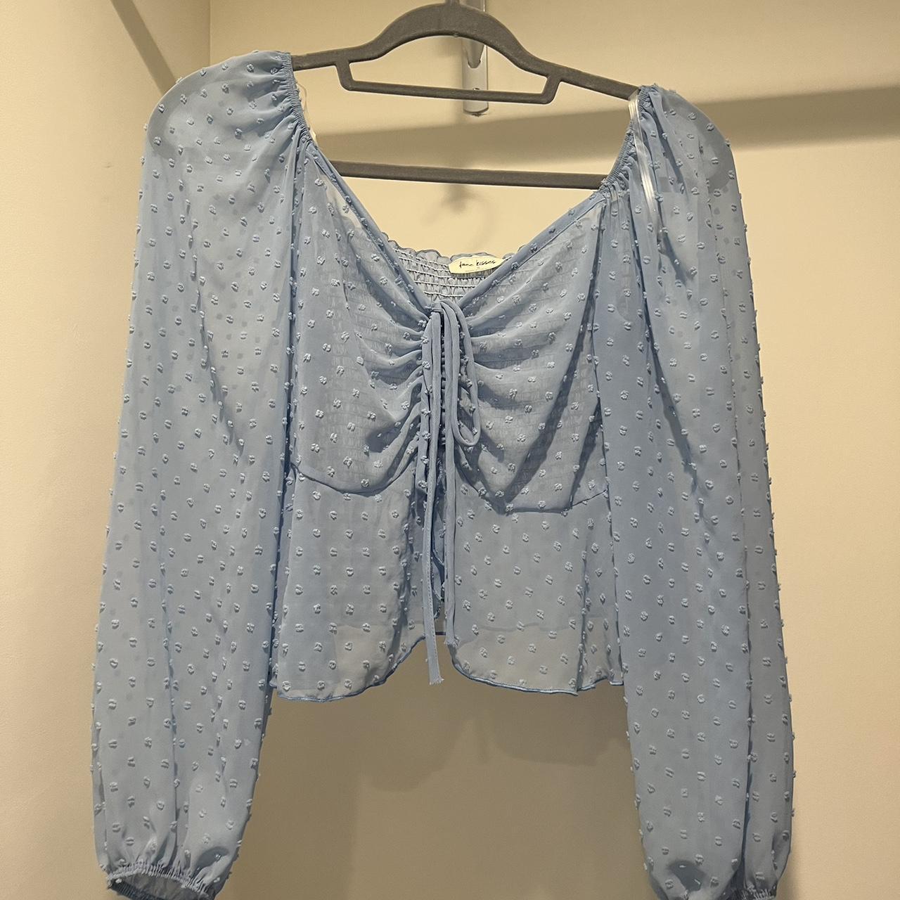 Long sleeve sheer blue blouse, polka dot, ruched... Depop